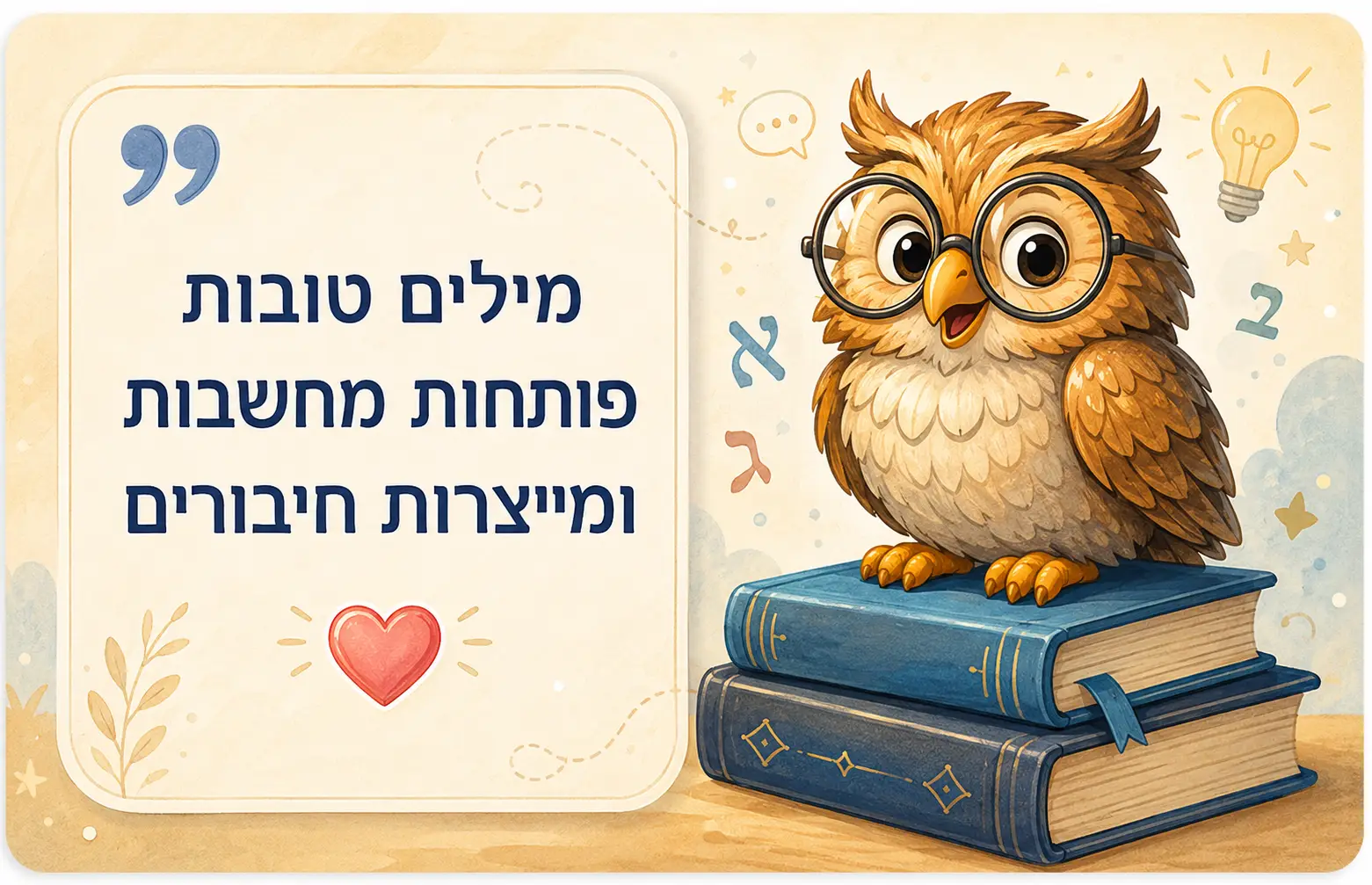 ינשוף חכם יושב על ספרים לצד משפט על מילים טובות