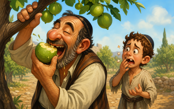ילדים מכווצים את פניהם בטעם חמוץ מול אשכול ענבים ירוקים על שולחן