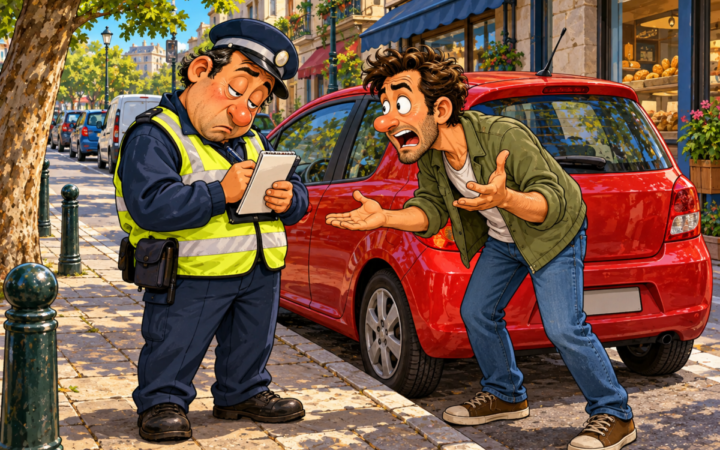 A driver's furious protest fails to rouse a sleepy parking inspector.. An officer continues attending to his ticket book while the driver argues beside a red parked hatchback.
