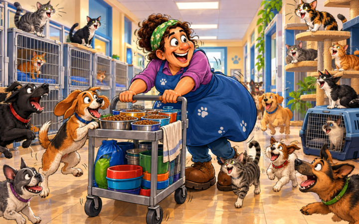 An adoption-center food run becomes a lively animal procession.. A smiling director pushes a trolley loaded with bowls of kibble through an indoor kennel corridor while dogs bark and cats vocalize from cages, shelves, and a cat tower.