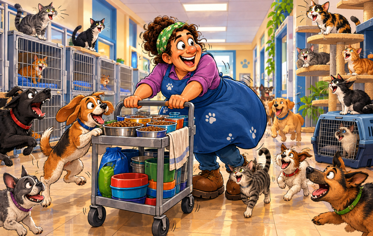 An adoption-center food run becomes a lively animal procession.. A smiling director pushes a trolley loaded with bowls of kibble through an indoor kennel corridor while dogs bark and cats vocalize from cages, shelves, and a cat tower.