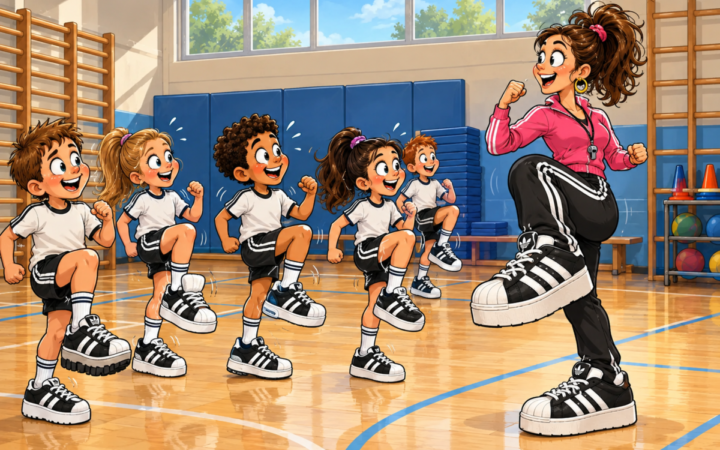 An oversized-sneaker PE instructor leads children wearing matching three-stripe sneakers through a high-knee warm-up.. In a bright school gym, five children lift knees in a row while mirroring their teacher’s high-knee exercise.