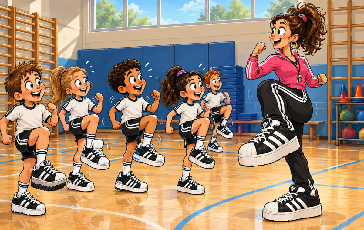 An oversized-sneaker PE instructor leads children wearing matching three-stripe sneakers through a high-knee warm-up.. In a bright school gym, five children lift knees in a row while mirroring their teacher’s high-knee exercise.