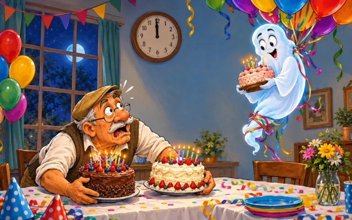 A colorful midnight birthday celebration becomes comic when a balloon-bound ghost floats above the table with a cake.. An elderly man looks up in alarm while bracing two candle-covered cakes as a smiling ghost rises at the right, wrapped in streamers and pulled upward by a large bunch of balloons.