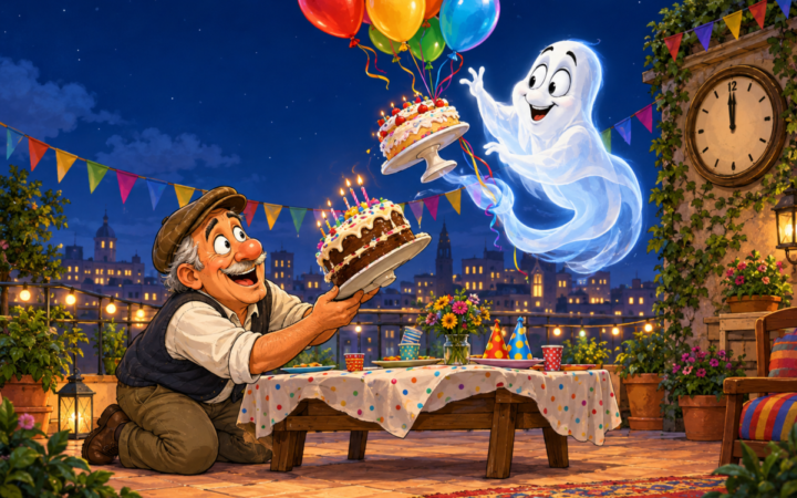 A birthday celebration turns into a light supernatural juggling act at midnight.. On a decorated rooftop terrace, a smiling elderly man catches/supports a large birthday cake while a cheerful hovering ghost lifts another cake stand and colorful balloons into the air.
