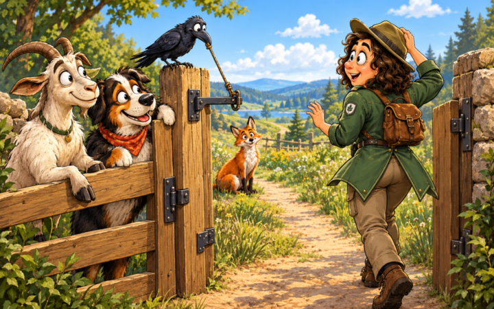 Animals at a reserve entrance courteously hold a gate open for the arriving animal-welfare director.. A woman in a ranger-like green outfit walks through an open wooden gate while a goat and dog brace the gate leaf and a crow operates the latch cord from the post.