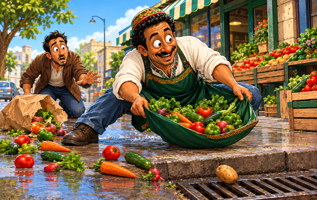 A produce seller makes an ordinary sidewalk spill look like a dramatic rescue mission.. A torn paper grocery bag has dumped vegetables across a wet curbside sidewalk, with a potato poised immediately above a storm-drain grate.