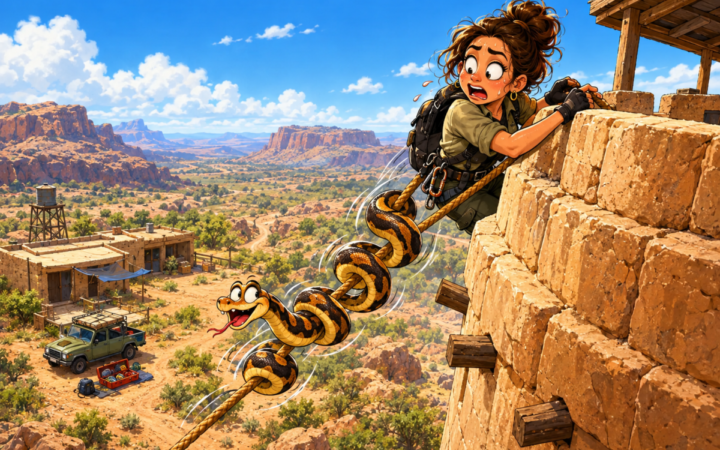 A snake catcher’s high-cliff rescue immediately becomes an escape route for the snake.. At a sandstone cliff-top watchtower, a startled snake catcher clings to the parapet while a large snake enthusiastically spirals down her safety rope.