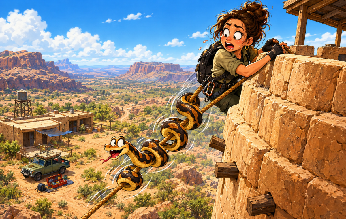 A snake catcher’s high-cliff rescue immediately becomes an escape route for the snake.. At a sandstone cliff-top watchtower, a startled snake catcher clings to the parapet while a large snake enthusiastically spirals down her safety rope.