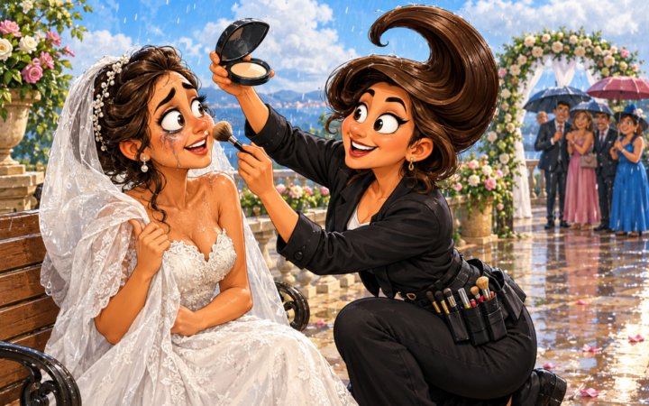 A rain-soaked bride receives a comic 'super' makeup rescue outdoors.. On a wet wedding terrace, a kneeling makeup artist holds an open compact overhead like a shield and dusts powder onto the bride's rain-streaked cheek.