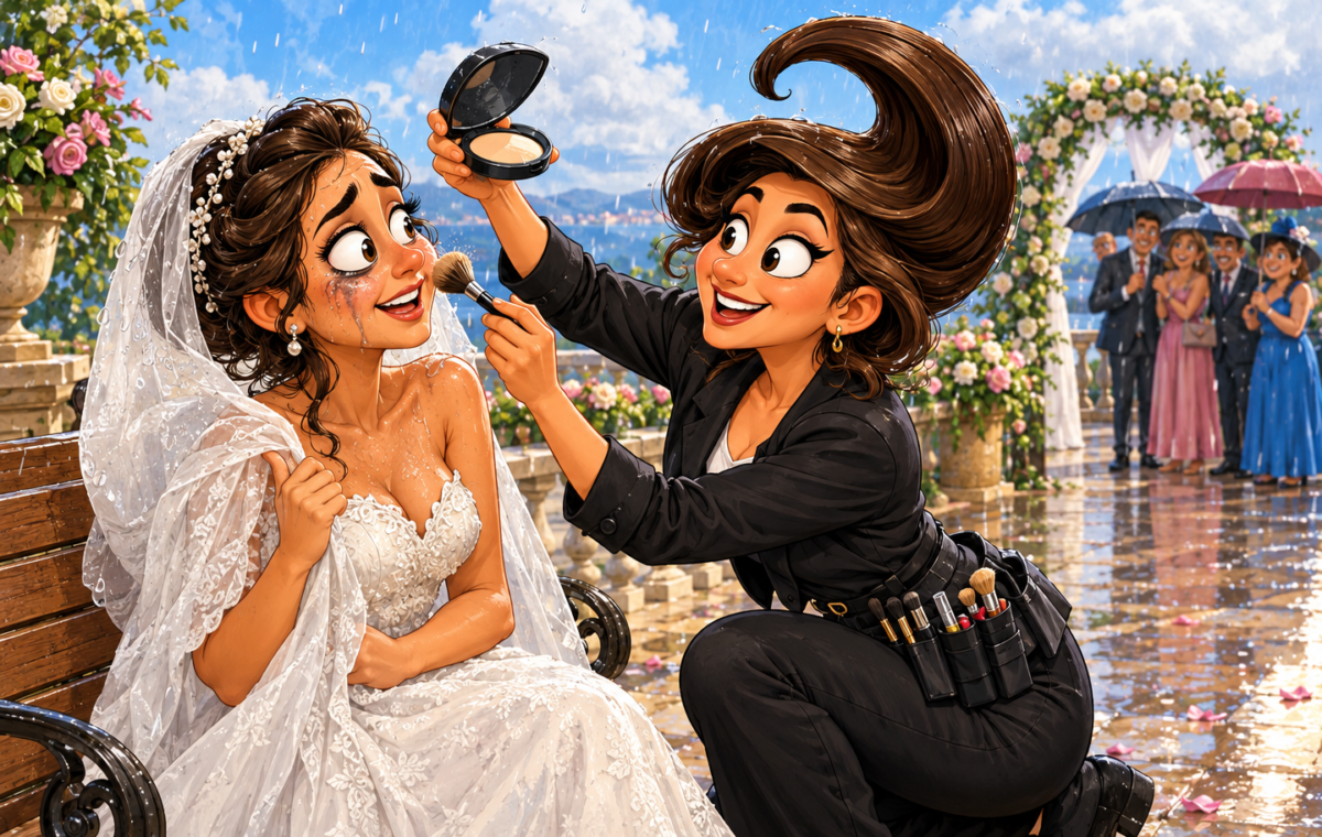 A rain-soaked bride receives a comic 'super' makeup rescue outdoors.. On a wet wedding terrace, a kneeling makeup artist holds an open compact overhead like a shield and dusts powder onto the bride's rain-streaked cheek.