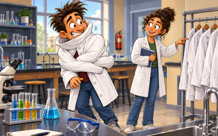 A new laboratory student is awkwardly claimed by an overenthusiastic lab coat while a more experienced student shows where the proper coats are kept.. In a bright science laboratory, the newcomer stands tangled in a white coat whose sleeves cross and hug him while its tall collar bunches around his neck; a smiling student beside a rack points at spare coats.