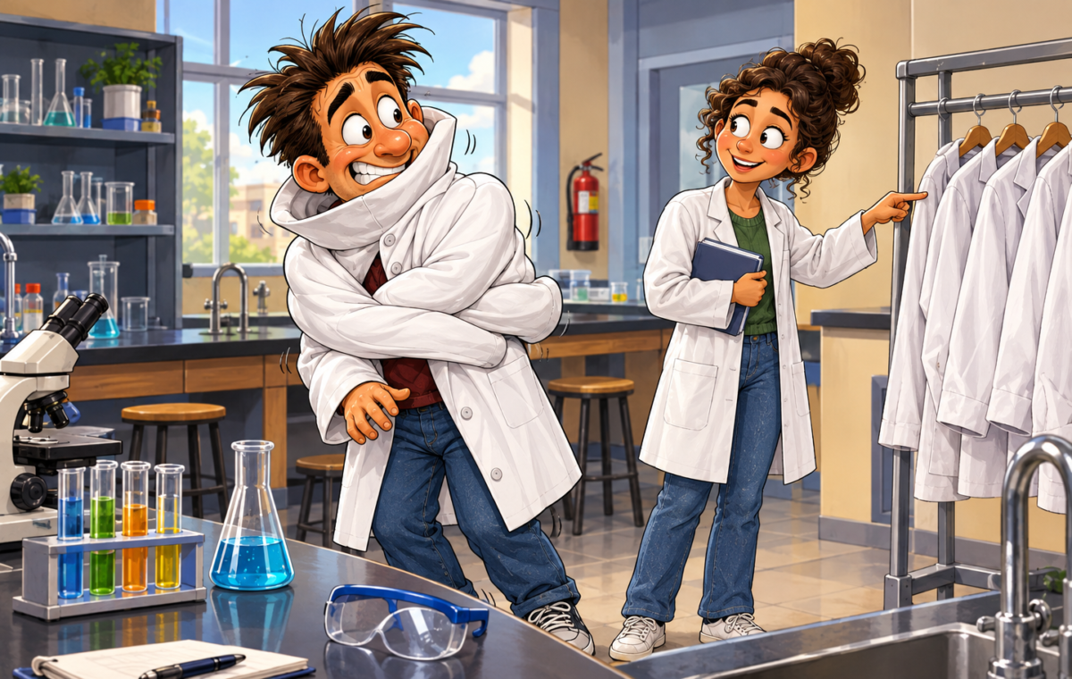 A new laboratory student is awkwardly claimed by an overenthusiastic lab coat while a more experienced student shows where the proper coats are kept.. In a bright science laboratory, the newcomer stands tangled in a white coat whose sleeves cross and hug him while its tall collar bunches around his neck; a smiling student beside a rack points at spare coats.