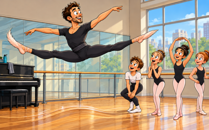 A ballet instructor demonstrates an exceptionally buoyant leap for a small class.. A male ballet teacher is frozen at the apex of a wide side-on split jump while four students watch from the right.