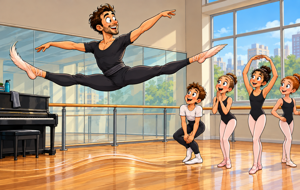 A ballet instructor demonstrates an exceptionally buoyant leap for a small class.. A male ballet teacher is frozen at the apex of a wide side-on split jump while four students watch from the right.
