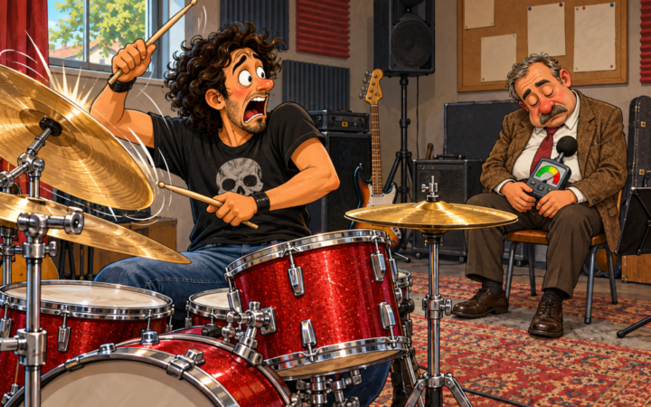 A sleepy inspector is impervious to the noisy activity he is meant to assess.. A drummer strikes a cymbal and looks aghast at an inspector sleeping beside the kit.
