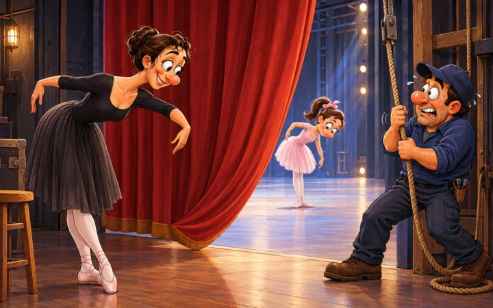 A backstage ballet lesson becomes a comic demonstration for a theater curtain.. A ballet teacher bows gracefully at left while a startled stagehand hauls a rope at right, causing the red side curtain to sag downward in a bow-like arc; a child dancer beyond it copies the bow.