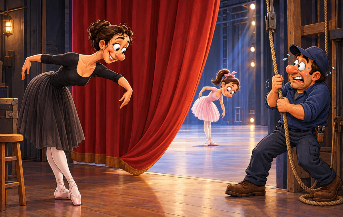 A backstage ballet lesson becomes a comic demonstration for a theater curtain.. A ballet teacher bows gracefully at left while a startled stagehand hauls a rope at right, causing the red side curtain to sag downward in a bow-like arc; a child dancer beyond it copies the bow.