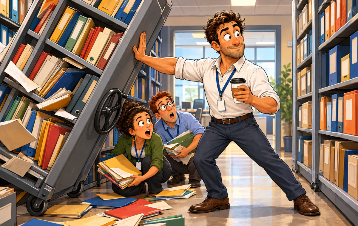 An unusually calm office worker functions as the human stop for a collapsing archive rack.. A fully loaded wheeled filing/archive shelf leans steeply into an aisle while a man effortlessly holds it upright with one extended hand and keeps a takeaway coffee level in the other.