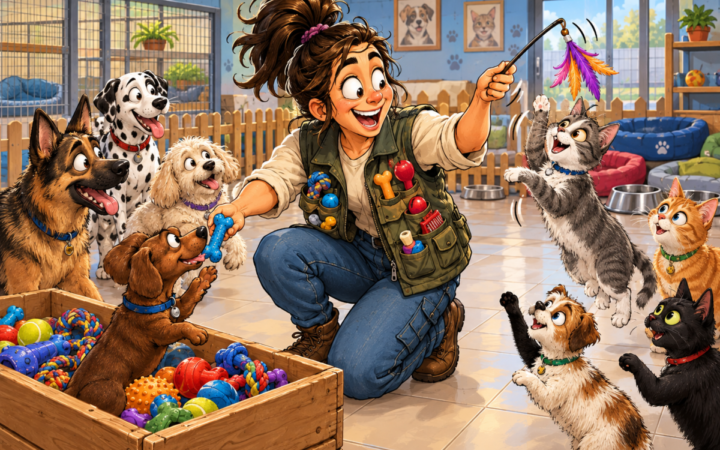 A pet-adoption director is overwhelmed by an eager but cheerful queue of animals wanting toys.. Inside a bright adoption-room play area, the crouching director offers a blue bone to a brown dog while teasing a jumping gray-and-white cat with a feather wand.