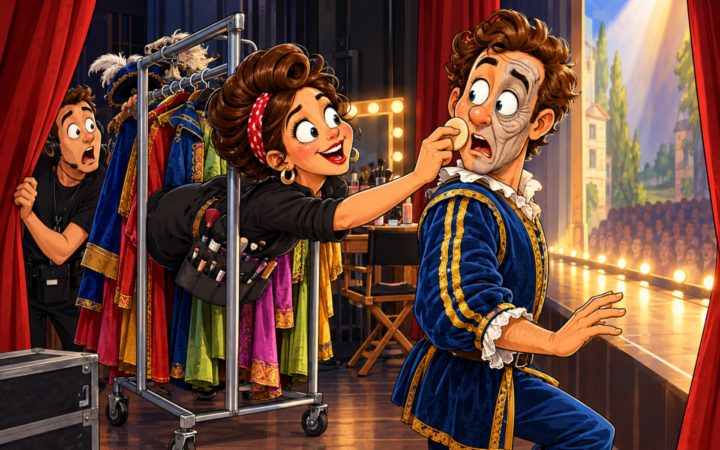 A backstage makeup artist makes a last-second rescue before an actor steps into the spotlight.. An actor in a blue period costume is caught at the curtain with one side of his face still wrinkled and gray with old-age makeup while the artist wipes his cheek with a sponge.