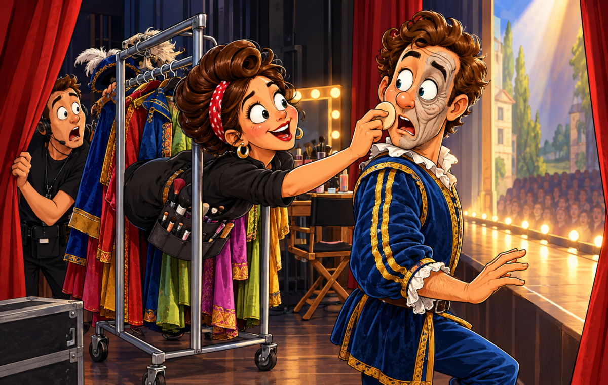 A backstage makeup artist makes a last-second rescue before an actor steps into the spotlight.. An actor in a blue period costume is caught at the curtain with one side of his face still wrinkled and gray with old-age makeup while the artist wipes his cheek with a sponge.