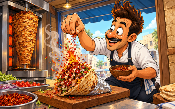 A vendor enjoys putting an absurd final amount of chili on a shawarma.. A red chili-flake burst erupts above an overstuffed shawarma while the vendor pinches more seasoning from above.