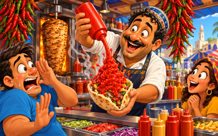 An enthusiastically smiling shawarma vendor makes an absurdly over-sauced pita while customers react to its heat.. The vendor tips a huge red squeeze bottle over a full pita, building a towering glossy mound of red hot sauce as steam rises from the serving.
