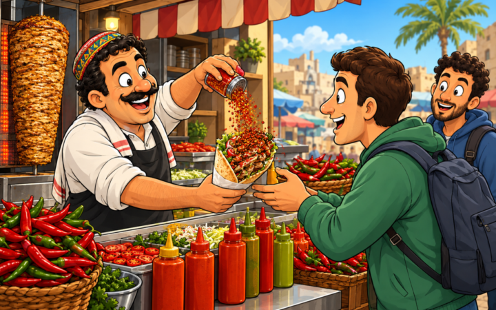 A shawarma vendor makes an already well-filled pita even hotter at the counter.. At an outdoor shawarma stall, a smiling vendor hands a customer a stuffed pita while shaking a stream of red chili seasoning directly over it.