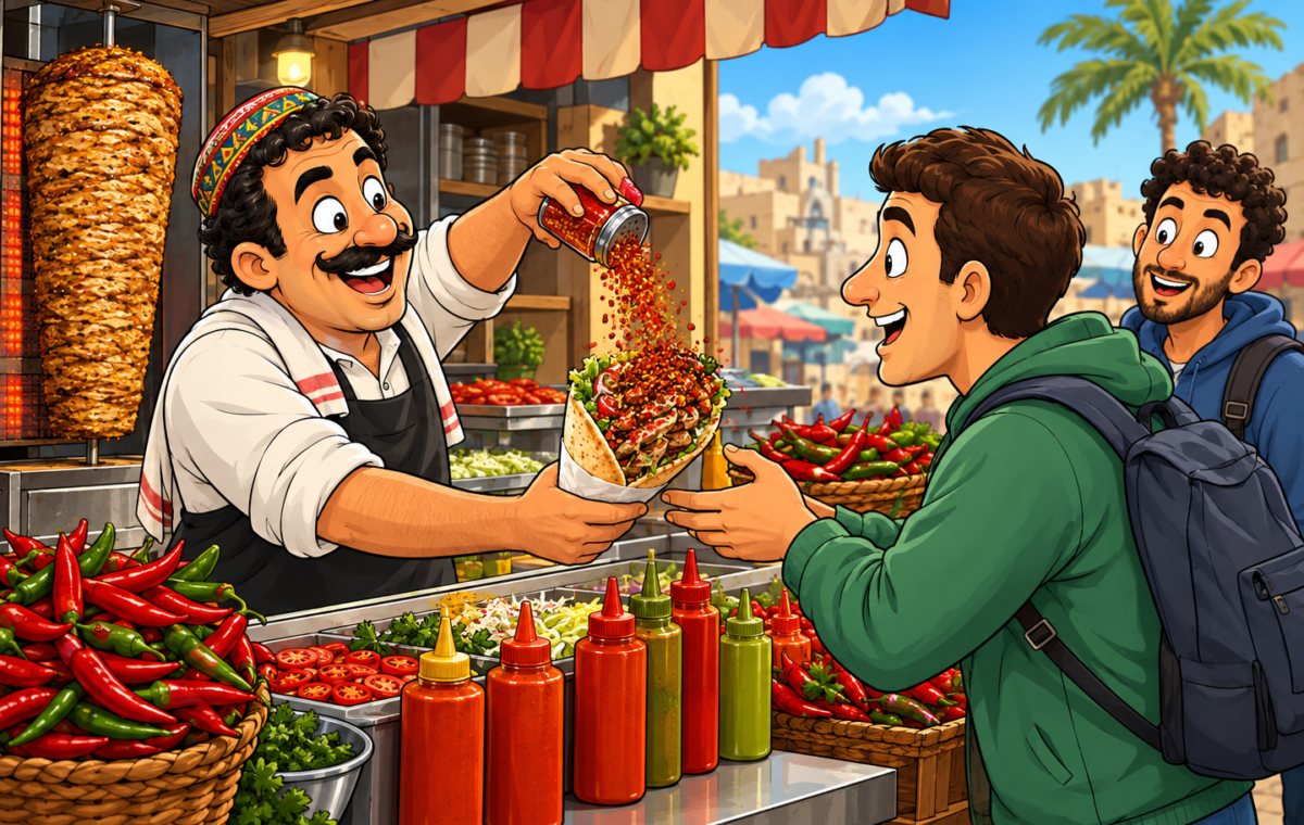 A shawarma vendor makes an already well-filled pita even hotter at the counter.. At an outdoor shawarma stall, a smiling vendor hands a customer a stuffed pita while shaking a stream of red chili seasoning directly over it.