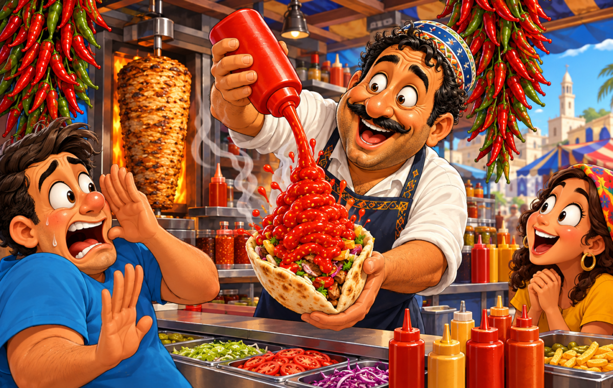 An enthusiastically smiling shawarma vendor makes an absurdly over-sauced pita while customers react to its heat.. The vendor tips a huge red squeeze bottle over a full pita, building a towering glossy mound of red hot sauce as steam rises from the serving.