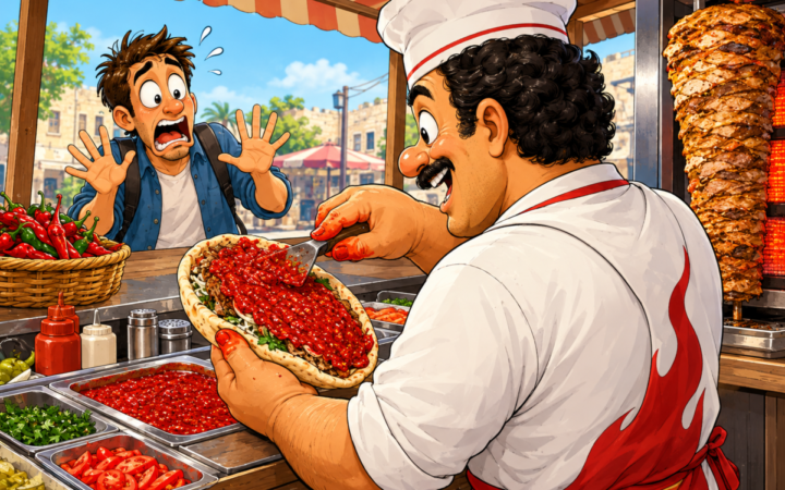An overenthusiastic shawarma vendor turns a serving into an extreme hot-sauce joke.. A chef-hatted vendor smiles while smearing a thick red chili layer over an open pita as the customer visibly panics from across the counter.