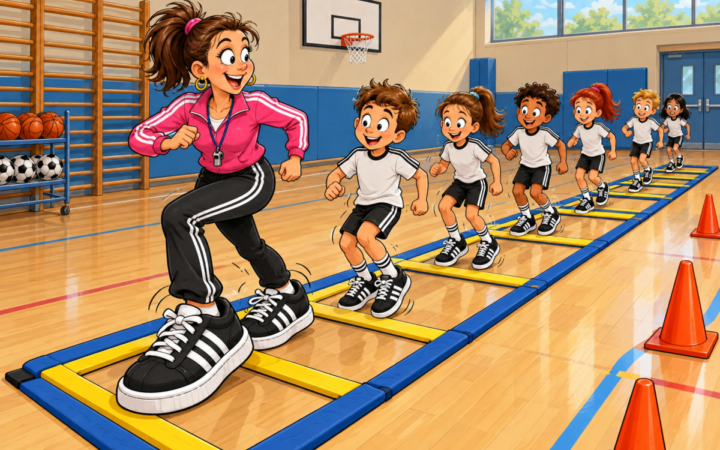 A PE teacher's enormous sneakers turn a standard footwork drill into an oversized obstacle course.. In a school gym, the teacher demonstrates fast agility-ladder steps while a line of children copies her behind her.