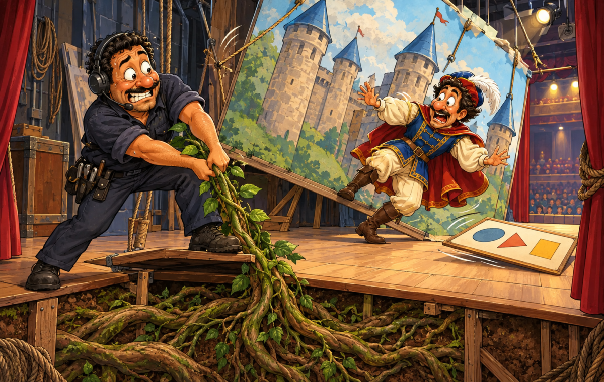 A theatrical castle scene is literally supported from below by a massive living vine root system.. A headset-wearing stagehand hauls a leafy vine up through an open stage trapdoor while the castle set and its wooden support structure tilt and destabilize.