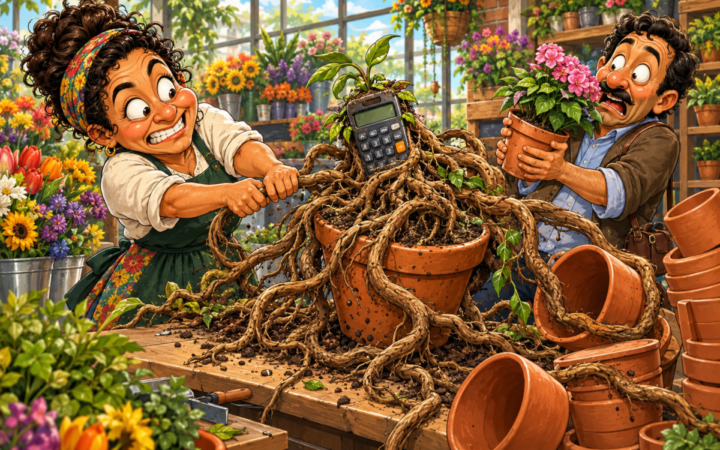 A flower-shop mishap literalizes a calculator as something that can grow roots.. A calculator has emerged from a central terracotta pot amid an enormous, soil-covered root tangle that spills across the potting bench and entangles or topples empty pots.