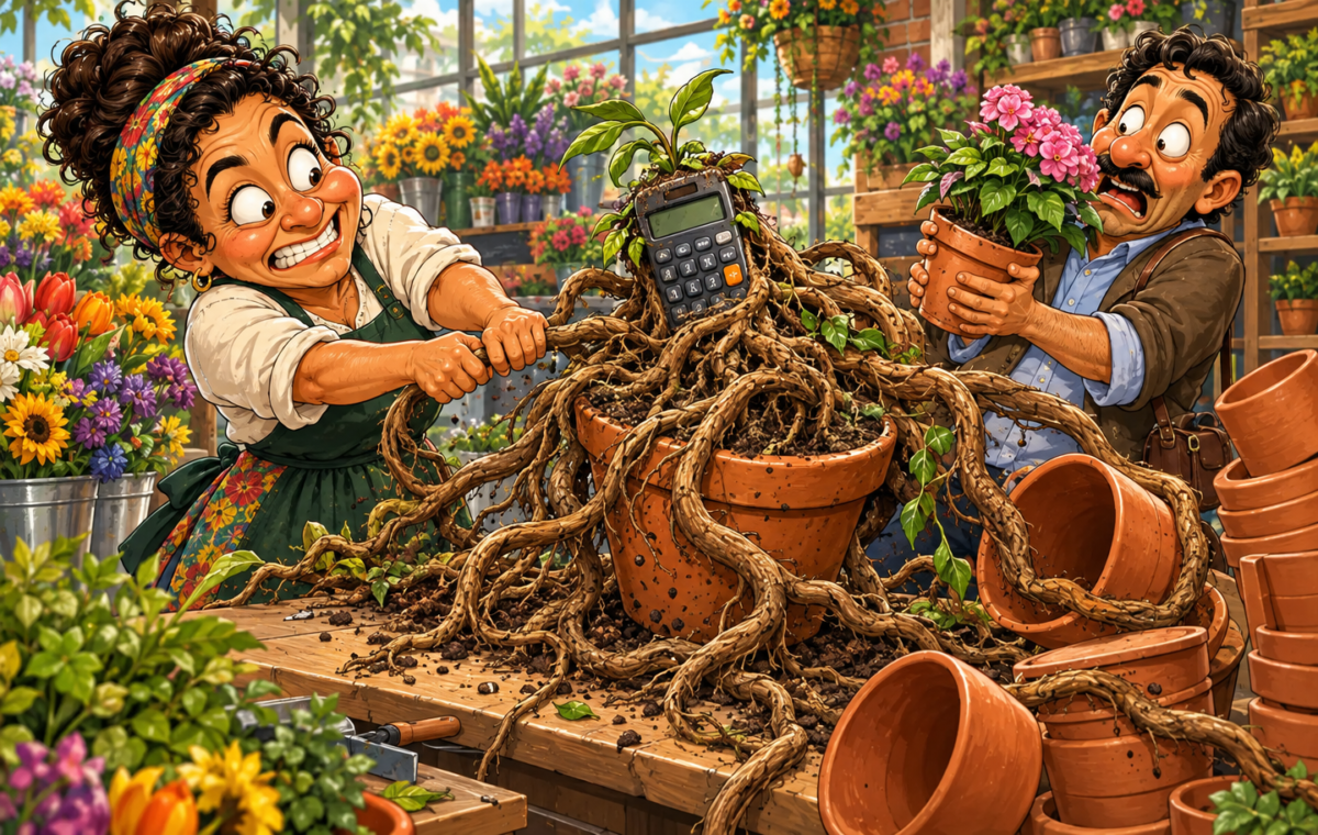 A flower-shop mishap literalizes a calculator as something that can grow roots.. A calculator has emerged from a central terracotta pot amid an enormous, soil-covered root tangle that spills across the potting bench and entangles or topples empty pots.