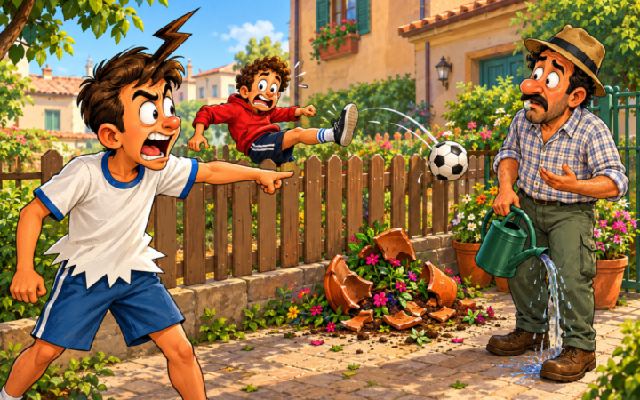 A boy angrily blames an innocent gardener-like father after another boy's football kick destroys a flowerpot.. A football has apparently struck and shattered a terracotta garden pot beside a picket fence while water from the father's lowered watering can spills over his boot.