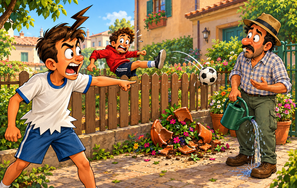 A boy angrily blames an innocent gardener-like father after another boy's football kick destroys a flowerpot.. A football has apparently struck and shattered a terracotta garden pot beside a picket fence while water from the father's lowered watering can spills over his boot.